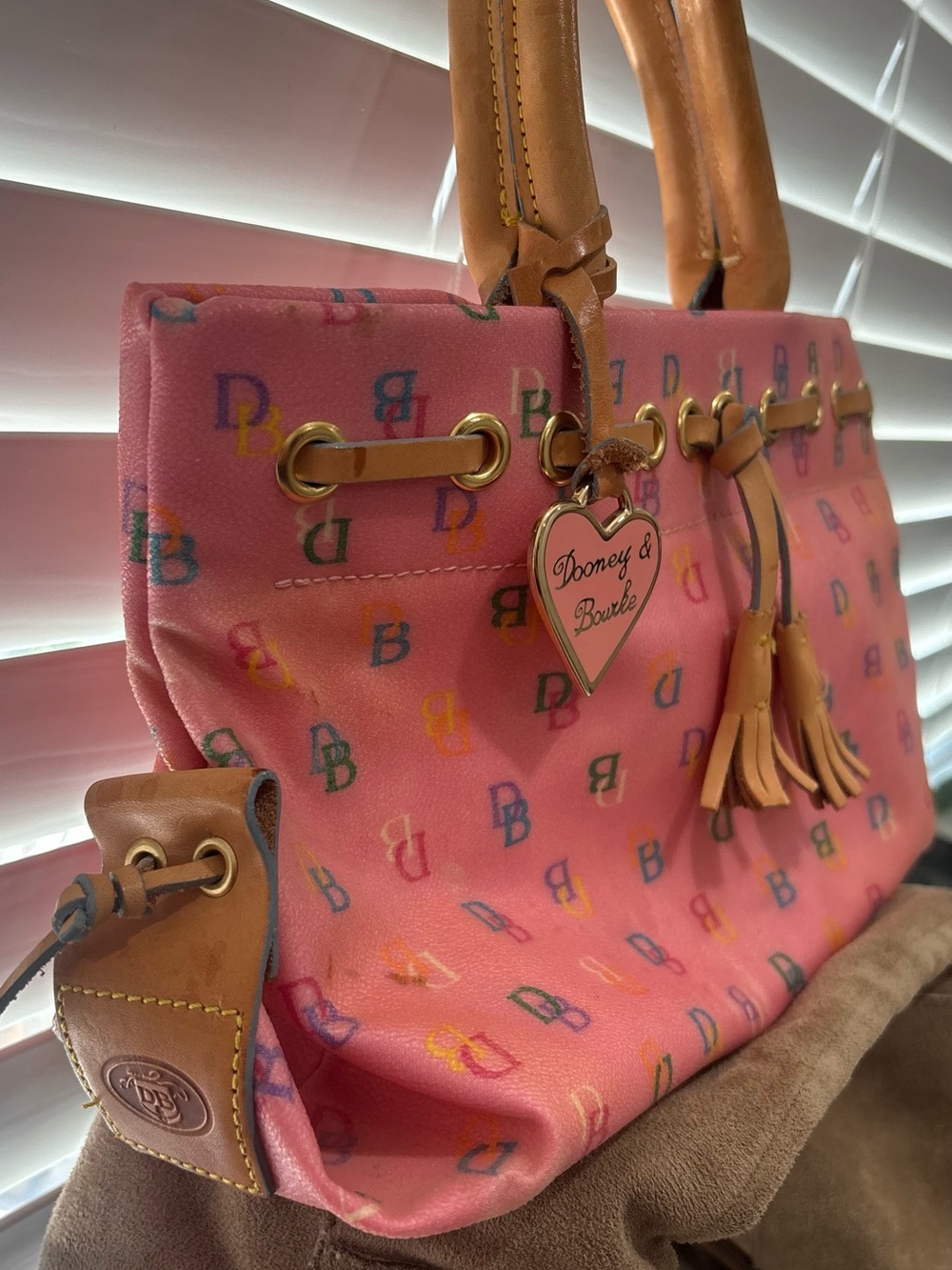 Dooney & Bourke Pink Monogram Canvas Tote with Tan Leather Trim - Picture 2 of 10